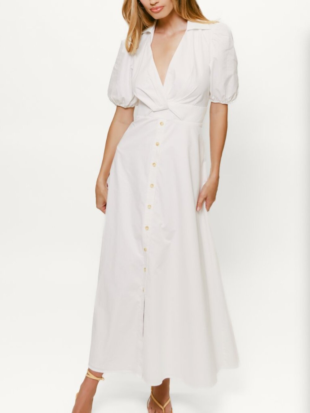 Hutch Laurel White Button-Front Cotton Midi Dress Collared with Puff Sleeves